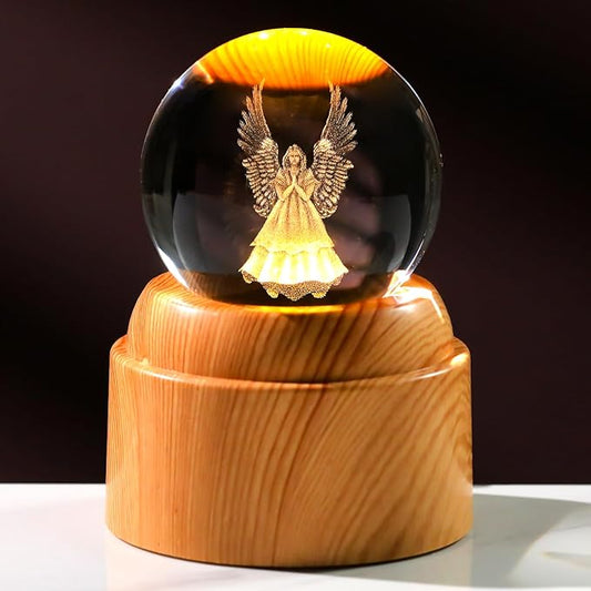 Guardian Angel Gifts 2.36in 3D Engraved Angel Crystal Ball with Rotatable Warm Light Wood Base, Guardian Angel Figurines Memorial Gifts for Women Mom Friends