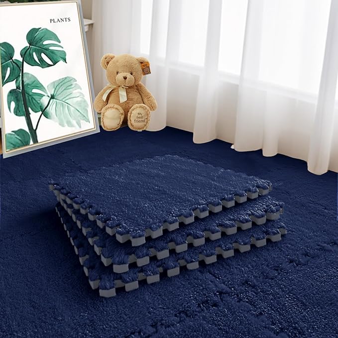 16pcs 0.6" Thickened Interlocking Tile Mats,Fluffy Shaggy Soft EVA Foam Area Rug for Living Room&Bedroom,Non-Slip Protective Floor Carpet Play Mat Kids Baby Dorm Home Decor 11.8ft (Navy Blue)