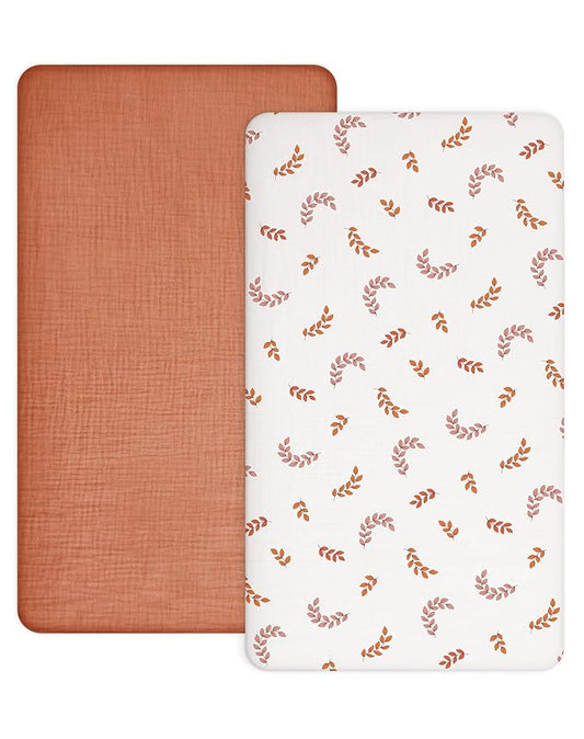 Crib Sheets for Baby Boy Girl 2 Pack, Fitted Crib Mattress Sheet 28" x 52", Muslin Toddler Bedding with Neutral Style, Nursery Bedding Essentials (Brick & Leaf)