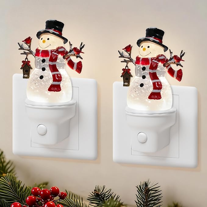 2 Pack Christmas Snowman Night Light Plug into Wall Glitter Water Nightlight with USB/Outlet Options, Christmas Decorative Nightlight for Bedroom Kitchen Holiday Decorations Gifts (Snowman)