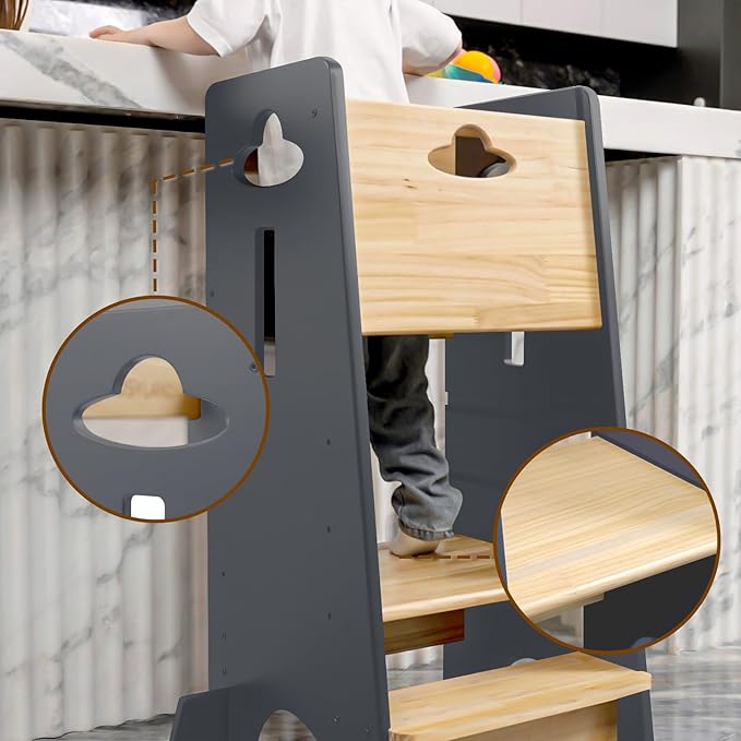 COSYLAND Toddler Standing Tower Adjustable Height - Super Stable Kids Kitchen Stool Helper - 3 Levels Adjustable Wooden Toddler Kitchen Stool (Natural & Light Gray)