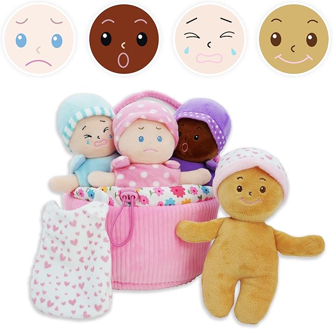June Garden My First Basket Plush Baby Doll Set - Includes 1 Basket and 4 Multicultural Soft Plush Babies with Emotional Expressions for Infants and Toddlers Birth and Up