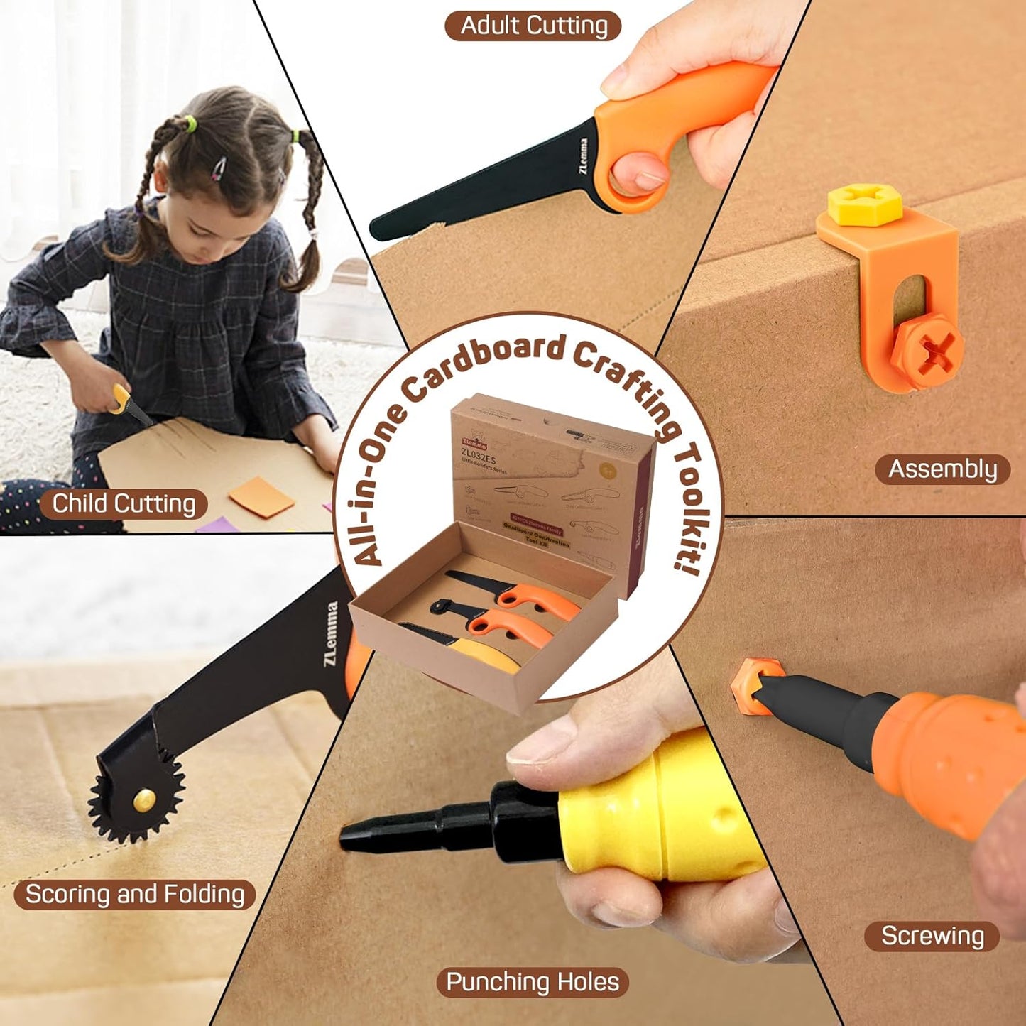 Cardboard Construction Kit - 425 PCS Kids Building Set with Safe Serrated Cutter, Crease Roller, Screws & Nuts, STEM Upcycled Tool for DIY Cardboard Projects, Engineering & Creativity