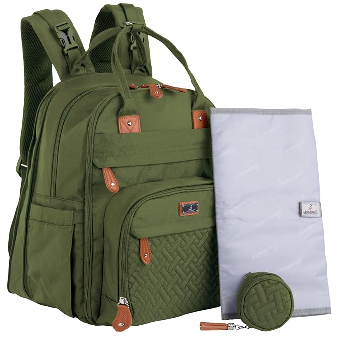 BabbleRoo Extra Large Diaper Bag Backpack, Expandable Baby Bag with Up to 50% More Capacity - Travel Essentials Baby Bag Tote with Changing Pad, Stroller Straps & Pacifier Case - Unisex, Forest Green