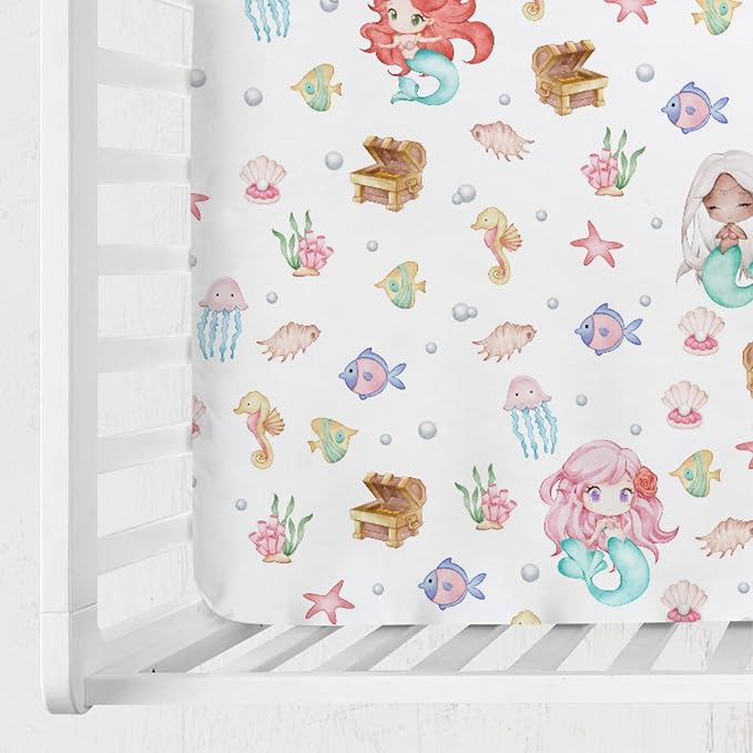 Watercolor Mermaids Baby Crib Sheets 52''x28'' Ocean Animals Fish Sea Horse Jellyfish Conch Coral Stretchy Fitted Crib Mattress Cover for Boy Girl Soft Bed Sheets for Standard Crib Toddler Mattress