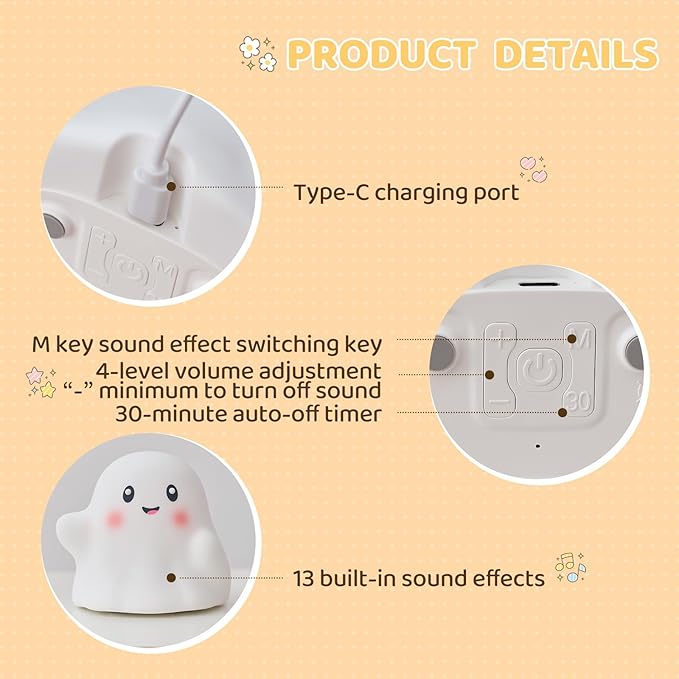 Ghost Night Light for Kids – Gift & Fun Toy for Kids, Touch Tap Lamp with Sounds, Squishy Silicone, Eye-Safe LED, 30-Min Timer, Dimmable Rechargeable Bedside Table Lamp – Gift for Boys & Girls