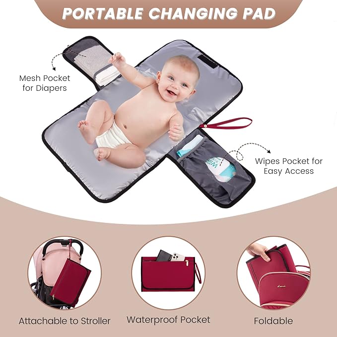 LOVEVOOK Diaper Bag Backpack, Quilted Baby Bag with Changing Pad & Pacifier Holder, Waterproof Travel Diaper Bags for Baby Boys Girls, Stylish and Large Capacity,Wine Red