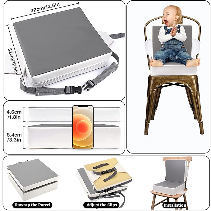 Taeku Booster Seat for Dining Table, Portable Kids Toddler Booster Chair Increasing Cushion Cartoon Seat Pad with 2 Safety Buckles for Kitchen Restaurant (Double Grey)