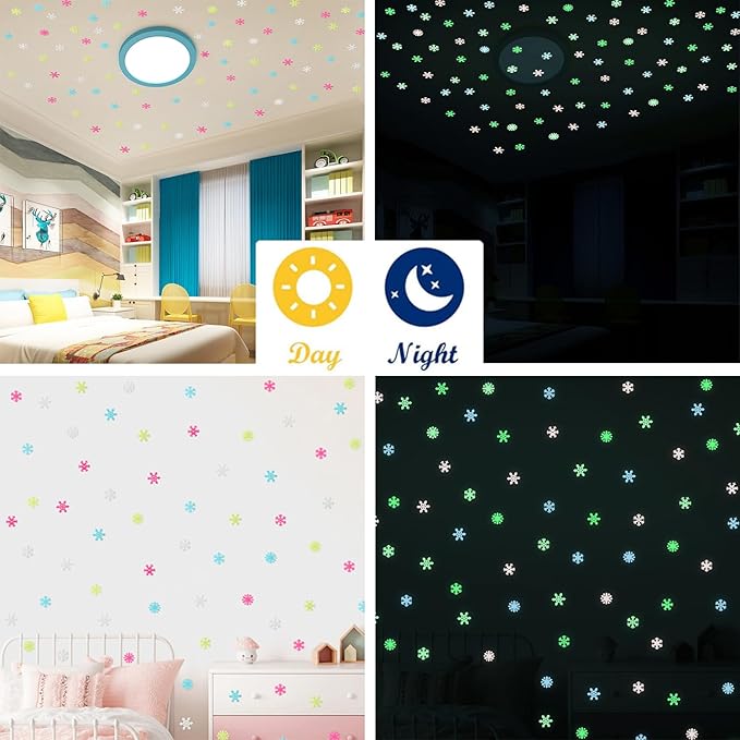 100PCS Removable Colorful Glow In the Dark Snowflake Wall Decor Fluorescent Noctilucent Plastic Glowing Snowflakes Wall Stickers Christmas Decal for Wall Ceiling Kids Girls Nursery Bedroom Living Room
