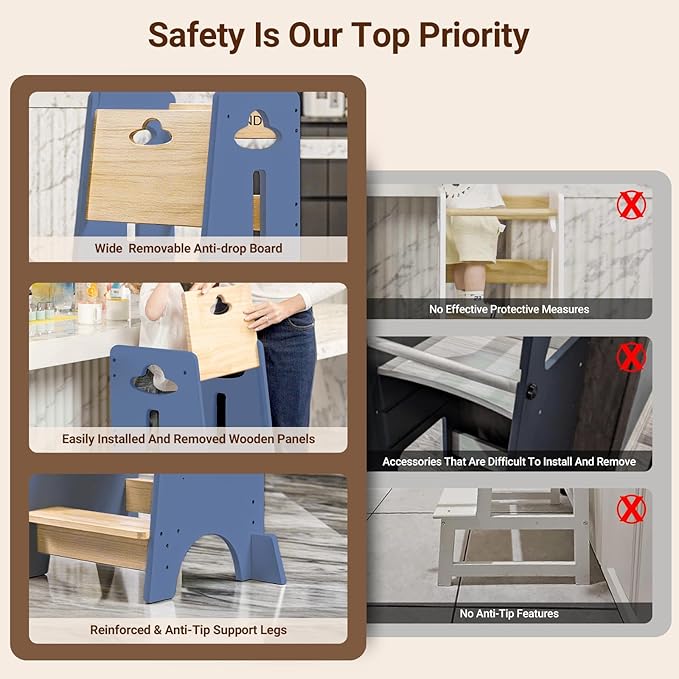 COSYLAND Toddler Standing Tower Adjustable Height - Super Stable Kids Kitchen Stool Helper - 3 Levels Adjustable Wooden Toddler Kitchen Stool (Natural & Navy Blue)