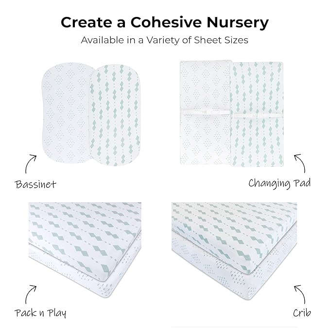 Ely's & Co. Pack N Play Fitted Playard Sheets - Breathable 100% Jersey Knit Cotton - Unisex Mini Crib Mattress Cover - Grey Sage Diamond - 2 Pack Set
