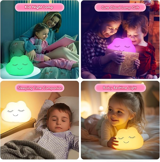Night Light for Kids, 7 Colors Soft Silicone Kids Night Light with 3 Level Dimmable, Rechargeable Anti-glare Nursery Night Light with Warm White & Multicolor, Squishy Cute Cloud Bedside Touch Lamp