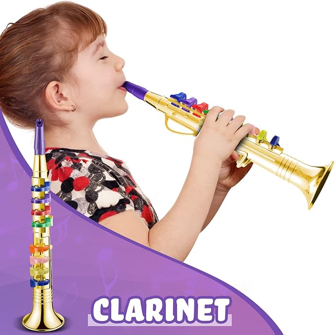 Amylove Set of 2 Toy Trumpet and Clarinet for Kids Toddlers Plastic Instruments Fake Music Toy Portable Early Educational Toys Teaching Songs Musical Gifts(Gold)