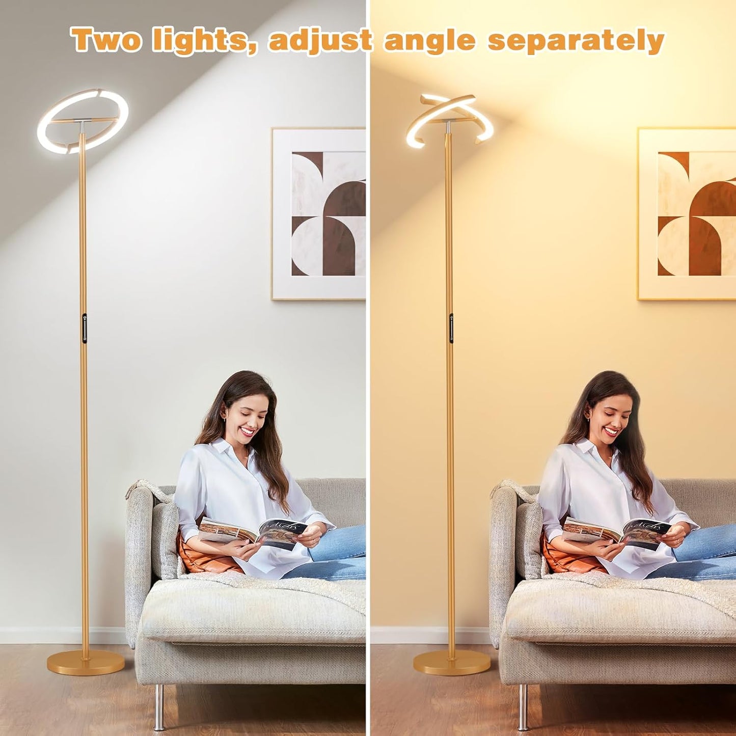 Floor Lamps for Living Room, 40W/2400LM LED Gold Floor Lamp with Touch & Remote Control, 70" Tall Standing Lamp Stepless Dimmable, Modern Torchiere Corner Lamp for Bedroom, Office- Gold