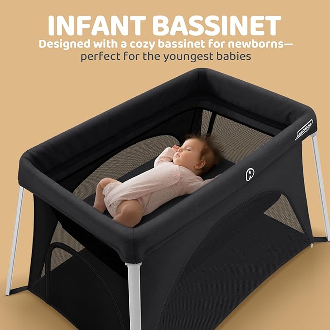 HARPPA Travel Crib with Comfy Mattress, Lightweight Portable Crib Requires No Assembly, Foldable Pack and Play for Baby and Toddlers, Compact Play Yard with Bed,Black