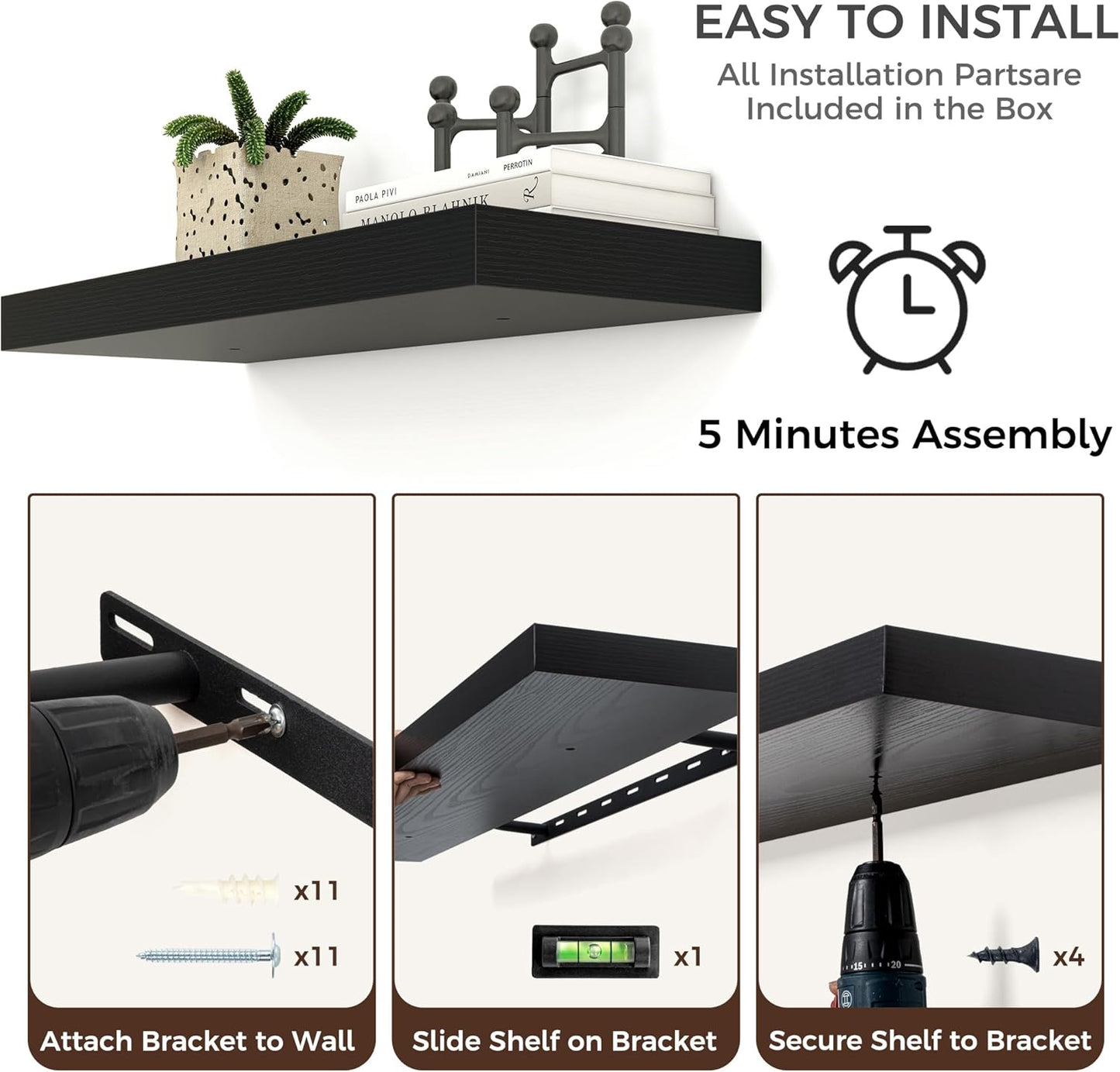 Floating Shelves for Wall, Large Wall Mounted Shelves with Invisible Brackets, Long Wood Floating Shelf Shelves for Living Room, Bedroom, Kitchen, (Black, 55" W x 9" D x 1.5" H)