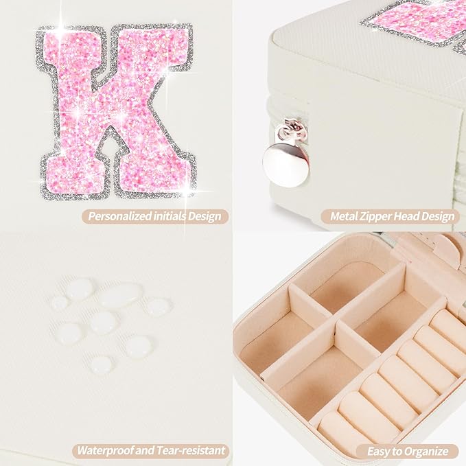 Travel Jewelry Case - Personalized Jewelry Box for Women,Small Jewelry Organizer Cute Jewelry Organizers and Storage Aesthetic,Travel Essentials Birthday Gifts for Girls Women | Cream,K