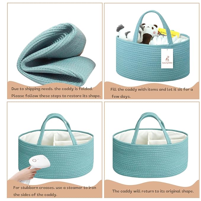 Baby Diaper Caddy Organizer, Extra Large Cotton Rope Nursery Diaper Basket, Changing Table Organizer, Portable Tote Bag with Divider, Car Storage, Baby Shower Gifts for Newborn Girls - Lake Blue