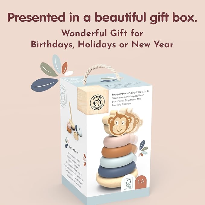 SPEEDY MONKEY Roly Poly Stacker Toy for Toddlers | Wooden Stacking Toy for Baby Boys & Girls | FSC-Certified Wobble Base with Colorful Rings for Fine Motor Skills | Sensory Learning Gift for Kids 1-5