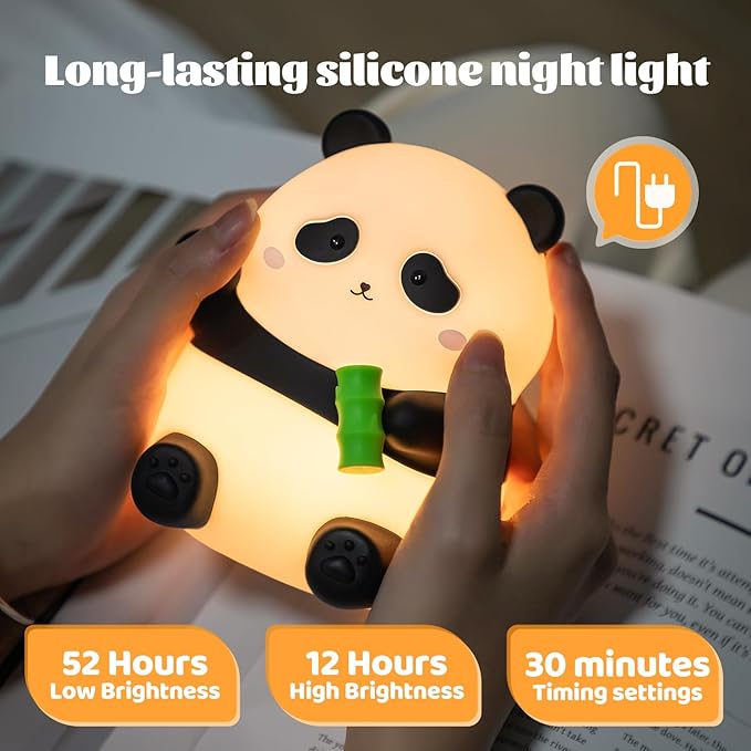 Panda Night Light, Silicone Lamp – Tap-Control Dimmable, 10H High/50H Low Battery Life, Soft Light for Breastfeeding Nursery, Cute Panda Gifts for Kids Boys Girls, Bedside Desk Decor
