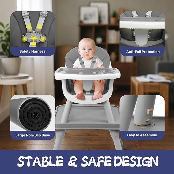 4 in 1 Baby High Chair, Toddler Chair with Removable Tray, Convertible High Chairs for Babies and Toddlers, Kids Learning Table, Building Block Table, Dining Booster Seat with Safety Harness, Gray