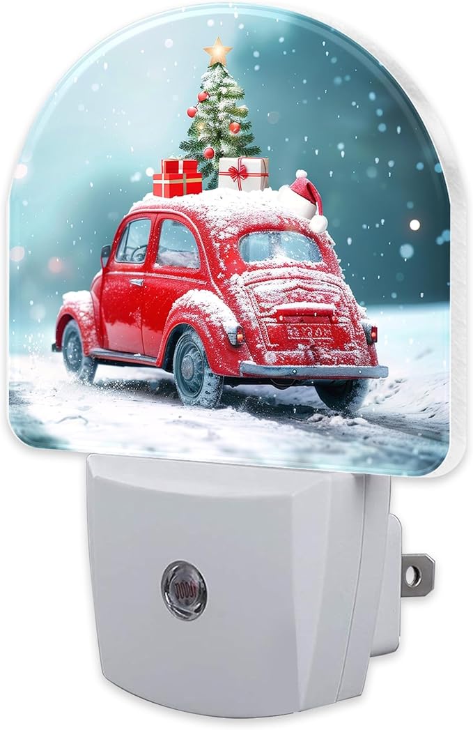 Vintage Christmas Red Car Night Light for Kids, Car Loaded with Gifts Christmas Tree Night Light Plug in with Dusk to Dawn Sensor,0.5w Energy Saving Nightlight for Boys Girls Home Decor