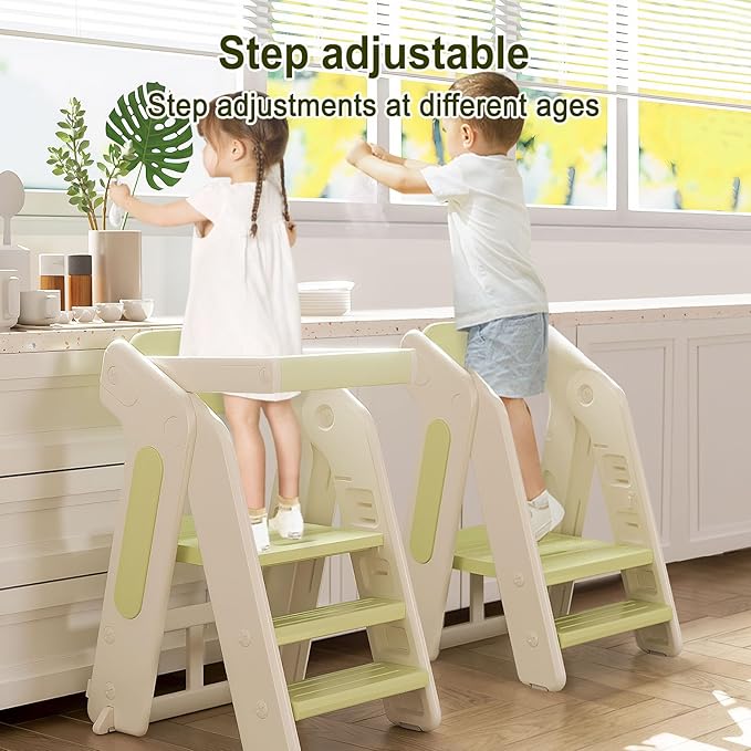 Toddler Tower Kitchen Stool Helper,Foldable/Adjustable Height Kids StandingTower Stool W/CPC Certification,for Kitchen Counter Bathroom Sink Cooking Child Ladder for Toddlers W/Safty Rail(Grey White)