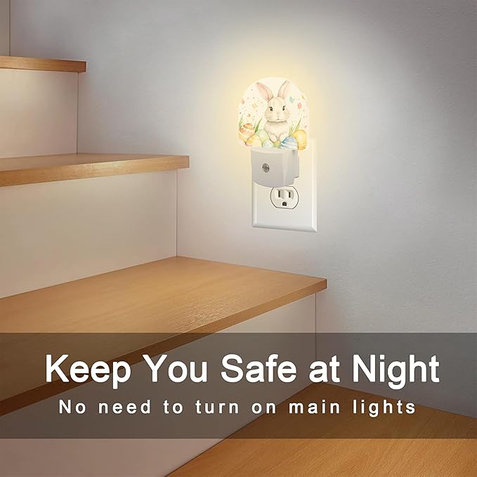 Easter Rabbit and Eggs Night Light Plug into Wall,Happy Easter Bunny Watercolor Floral Dusk to Dawn Night Light Plug in,0.5w Energy Saving Sleep Friendly NightLight for Kids Boys Girls Home Decor