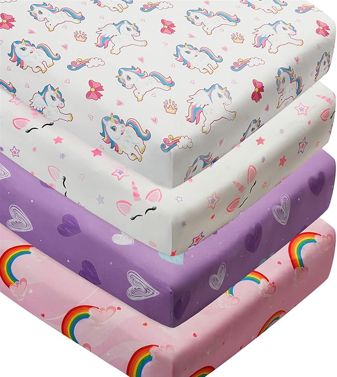 4 Pack Soft Baby Girl Crib Sheets for Standard Crib Mattress Unicron Rainbow Heart Cute Neutral Polyester Unisex Fitted Crib Sheets Set for Baby Girls