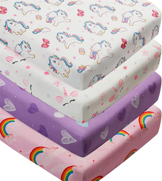 4 Pack Soft Baby Girl Crib Sheets for Standard Crib Mattress Unicron Rainbow Heart Cute Neutral Polyester Unisex Fitted Crib Sheets Set for Baby Girls