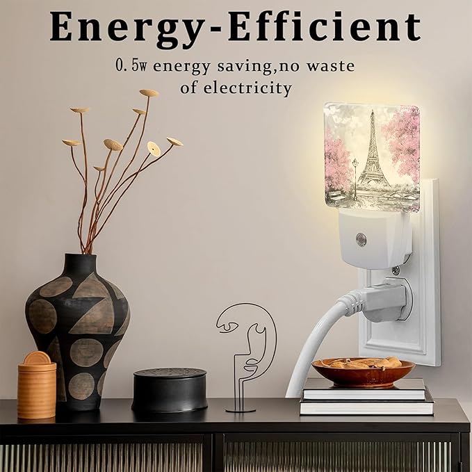 Pink Cherry Blossoms Tree and Eiffel Tower Night Light Plug into Wall,Modern Art Floral Oil Painting Dusk to Dawn Night Light,0.5w Energy Saving Nightlights for Kids Boys Girls Home