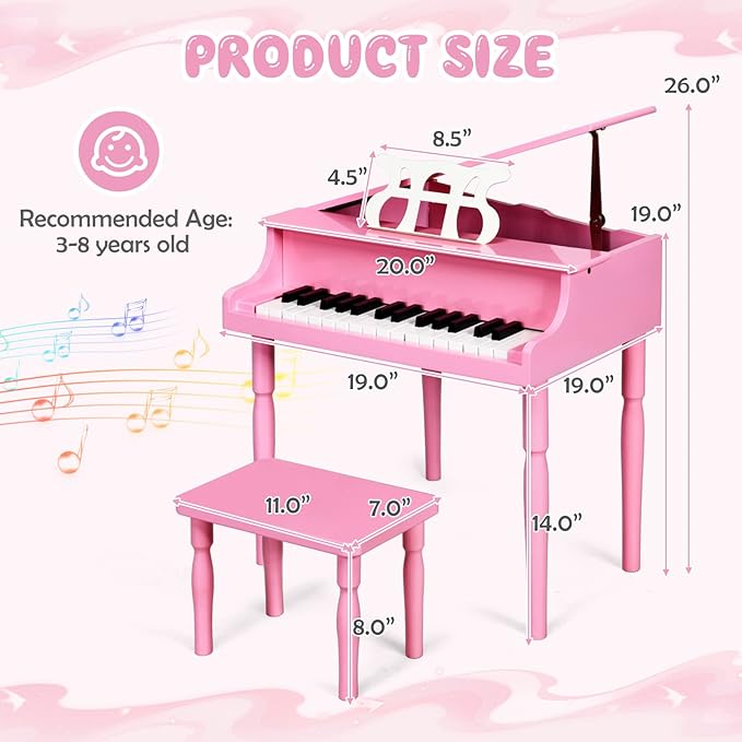 Goplus 30-Key Classical Kids Piano, Mini Grand Piano Wooden Learn-to-Play Musical Instrument Toy with Bench, Piano Lid, Music Rack, Gift for Boys Girls Aged 2+ Baby Toddler(4 Straight Leg-Pink)