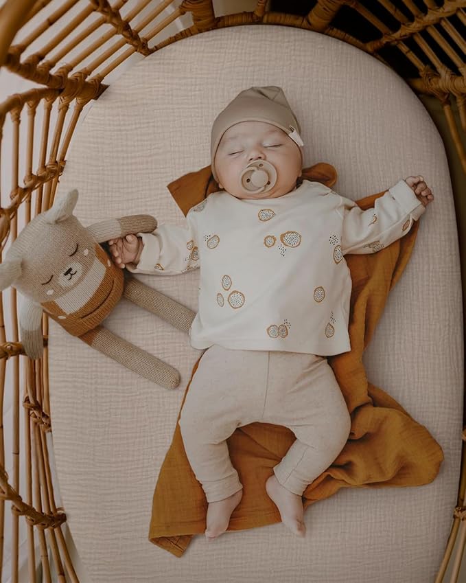 Blissful Diary Muslin Bassinet Sheets for Baby Girls Boys, Boho Soft Cotton Fitted for Oval Hourglass Rectangle Mattress, 2 Pack(Retro Yellow&Beige)