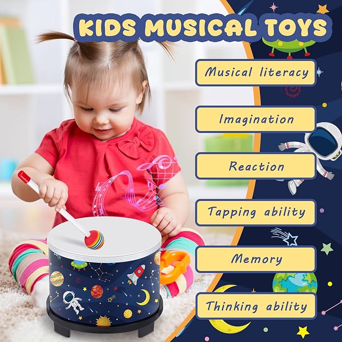 Boao Floor Tom Drum for Kids 8'' W x 6.5'' H Wooden Percussion Instrument Music Drum with 2 Rainbow Mallets Astronaut Educational Toys for Baby Children Toddler Boy Girl Birthday Gift