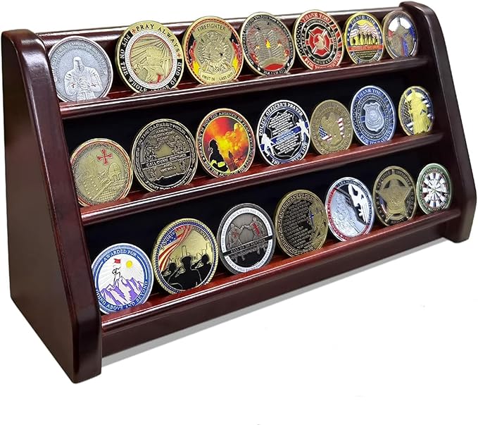 3 Rows Wooden Challenge Coin Wall Display Stand - Military Coin Holder Army Coins Rack, Holds 21-24 Coins, Mahogany