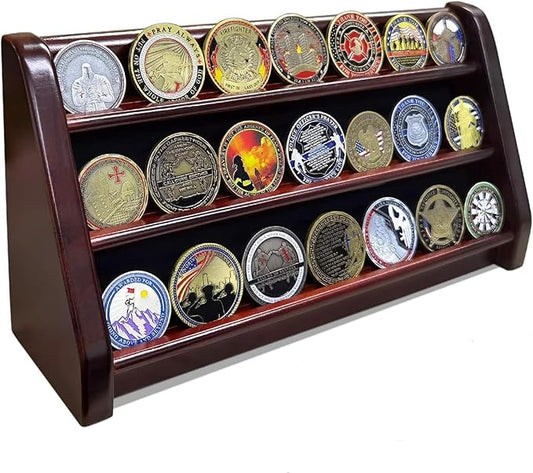 3 Rows Wooden Challenge Coin Wall Display Stand - Military Coin Holder Army Coins Rack, Holds 21-24 Coins, Mahogany