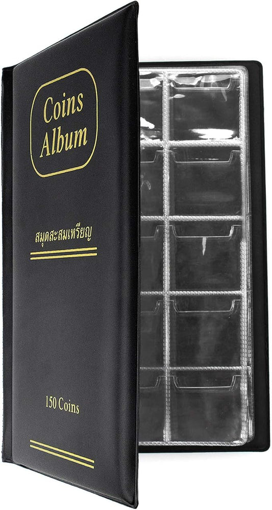 150 Pockets Coin Album, Penny Collecting Book, Souvenir Coins Collection Holder, Ideal for Pressed Pennies Passport, Hobby Coin Collector, Money Specie Display Storage Case (Black)