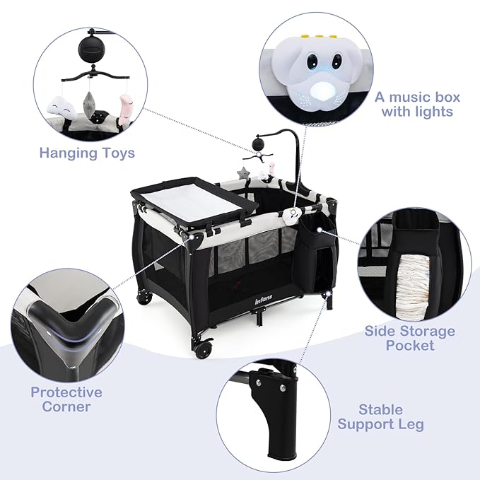 INFANS 3 in 1 Pack and Play, Portable Travel Baby Crib Bassinet with Detachable Mattress, Newborn Changing Table, Foldable Playpen with Carry Bag and 2 Wheels (Morden)