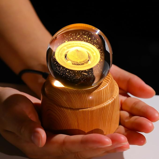 3D Saturn Crystal Ball 2.36“ Engraved with Rotated Wood Bases, Crystal Sphere Saturn Lamp Astronomy Gifts Physics Science Decor Space Gifts for Women Men