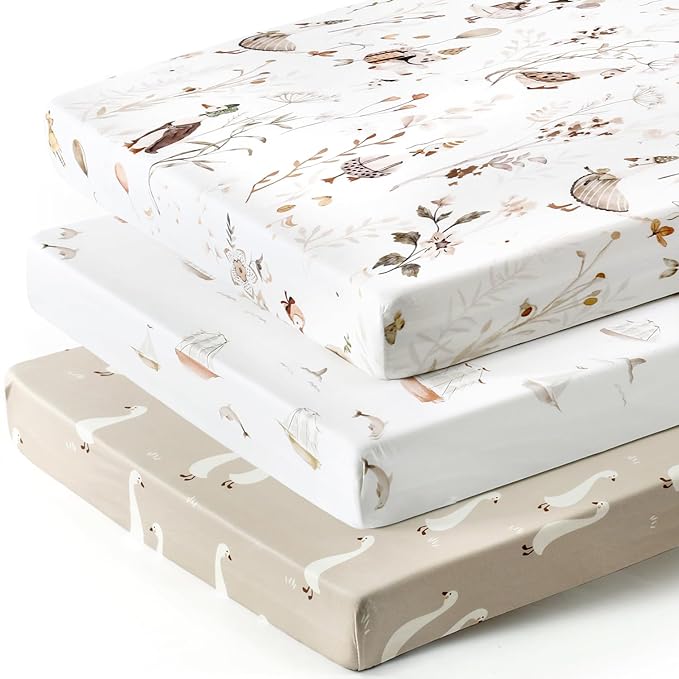 Stretchy Ultra Soft Jersey Knit Fitted Pack and Play Sheets Set 3 Pack, Portable/Mini Crib Sheets for Boys and Girls, Universal Fit for Pack N Plays Safe and Snug, Stylish Pattern of Duck Happy Party