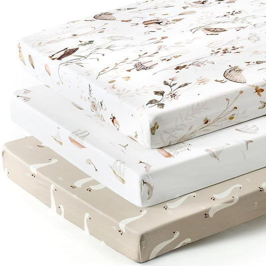 Stretchy Ultra Soft Jersey Knit Fitted Pack and Play Sheets Set 3 Pack, Portable/Mini Crib Sheets for Boys and Girls, Universal Fit for Pack N Plays Safe and Snug, Stylish Pattern of Duck Happy Party