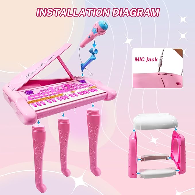 Dollox Keyboard Piano for Kids, 37-Key Toddler Piano Musical Instrument Toy, Electric Keyboard for Girls, 3, 4, 5, 6, 7 Years Old Birthday Gift - Mini Music Toy with Stool (Pink)