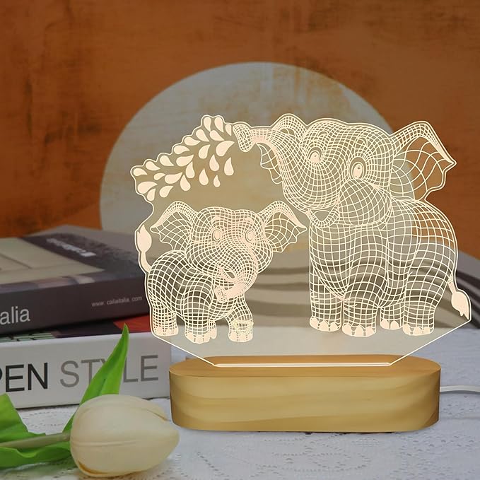Elephant Shape 3D Crystal Acrylic Light Base with Wood Stand, LED Light for Kids Room Decor, Gift for Mom on Birthday or Holiday, Home Décor Art Display
