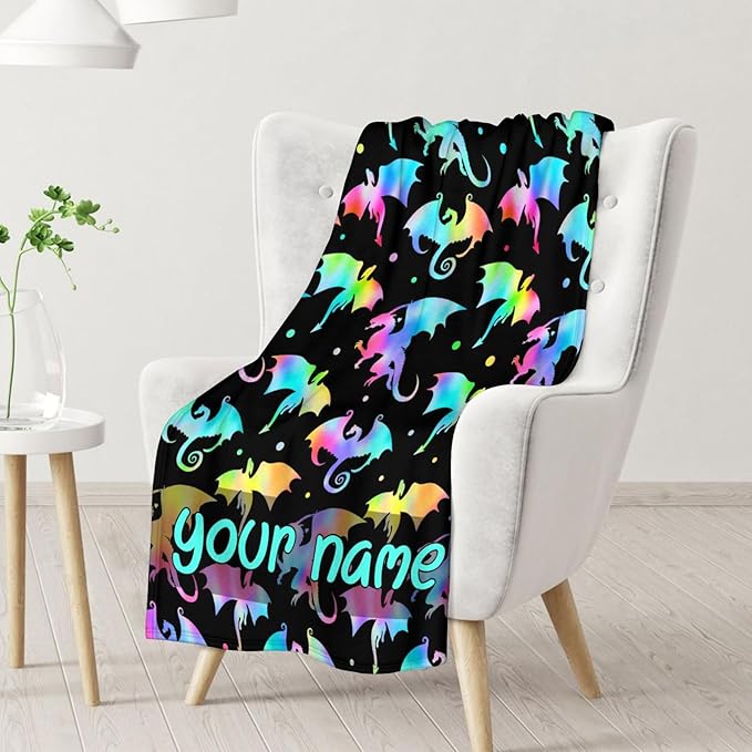 Custom Dragon Blanket Gifts with Name - 30x40 Inches Novelty Throw Blanket for Babies, Kids, Boys & Girls - Black Soft Fuzzy Blankets for Couch, Sofa & Bed