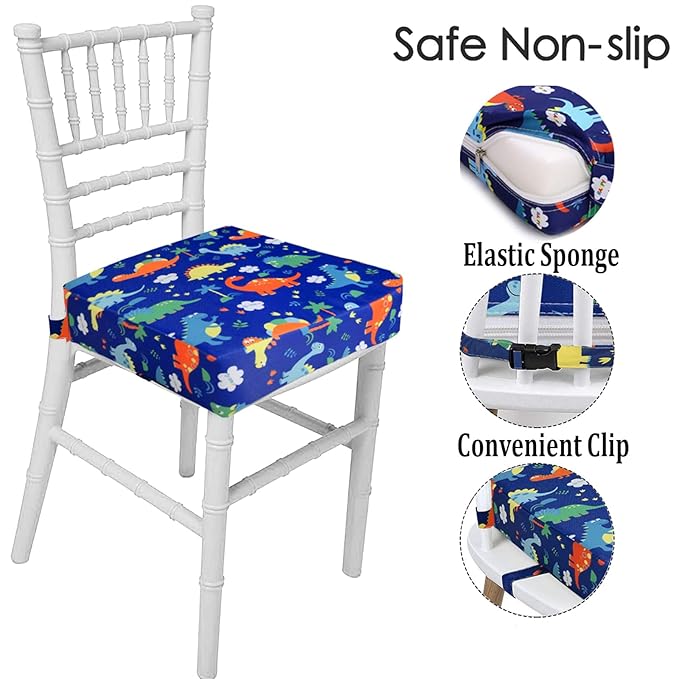 Taeku Booster Seat for Dining Table, Portable Kids Toddler Booster Chair Increasing Cushion Cartoon Seat Pad with 2 Safety Buckles for Kitchen Restaurant (Dinosaur Blue)