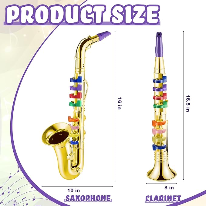 Amylove Set of 2 Musical Instruments for Kids Including Toy Saxophone and Kids Clarinet Plastic Toy Instruments Saxophone Clarinet with 8 Colored Keys Educational Home School Music Gift(Gold)