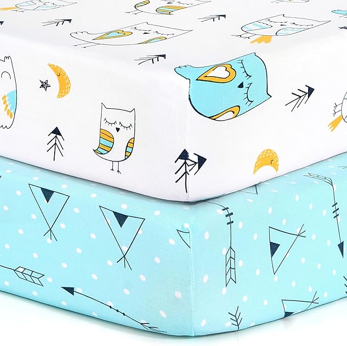 BROLEX Baby Fitted Crib Sheets: Kid Crib Sheets - Set of 2 for Toddler Standard Size Crib Mattress for Boys and Girls - Jersey Knit Crib Bed Sheets Arrow Owl