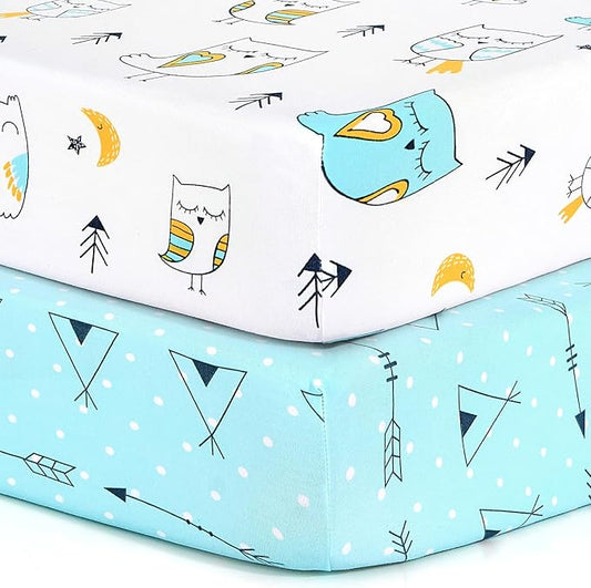 BROLEX Baby Fitted Crib Sheets: Kid Crib Sheets - Set of 2 for Toddler Standard Size Crib Mattress for Boys and Girls - Jersey Knit Crib Bed Sheets Arrow Owl