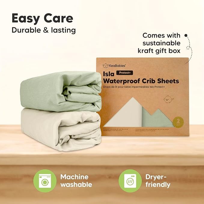 2-Pack Waterproof Baby Crib Sheets for Boys, Girls - 52x28 Viscose Derived from Bamboo Toddler Bed Sheet Neutral, Fitted Crib Mattress Protector Cover for Baby Bedding, Soft & Gentle (Avocado)