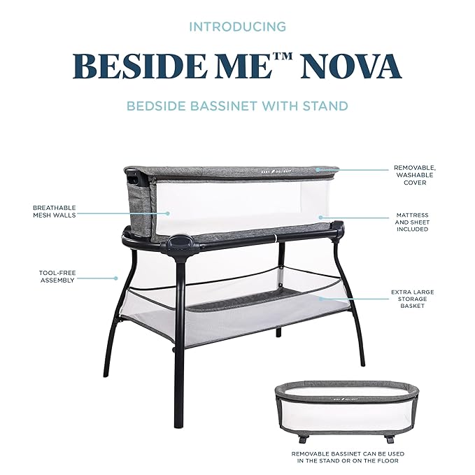 Baby Delight Beside Me Nova | Bedside Bassinet | Removable and Portable Bed | for Infants 0 – 5 Months | Charcoal Tweed